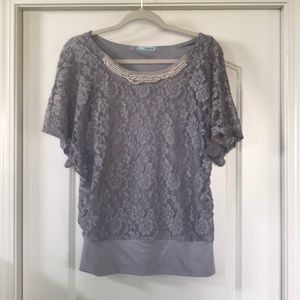 Gray Lace flutter sleeve top